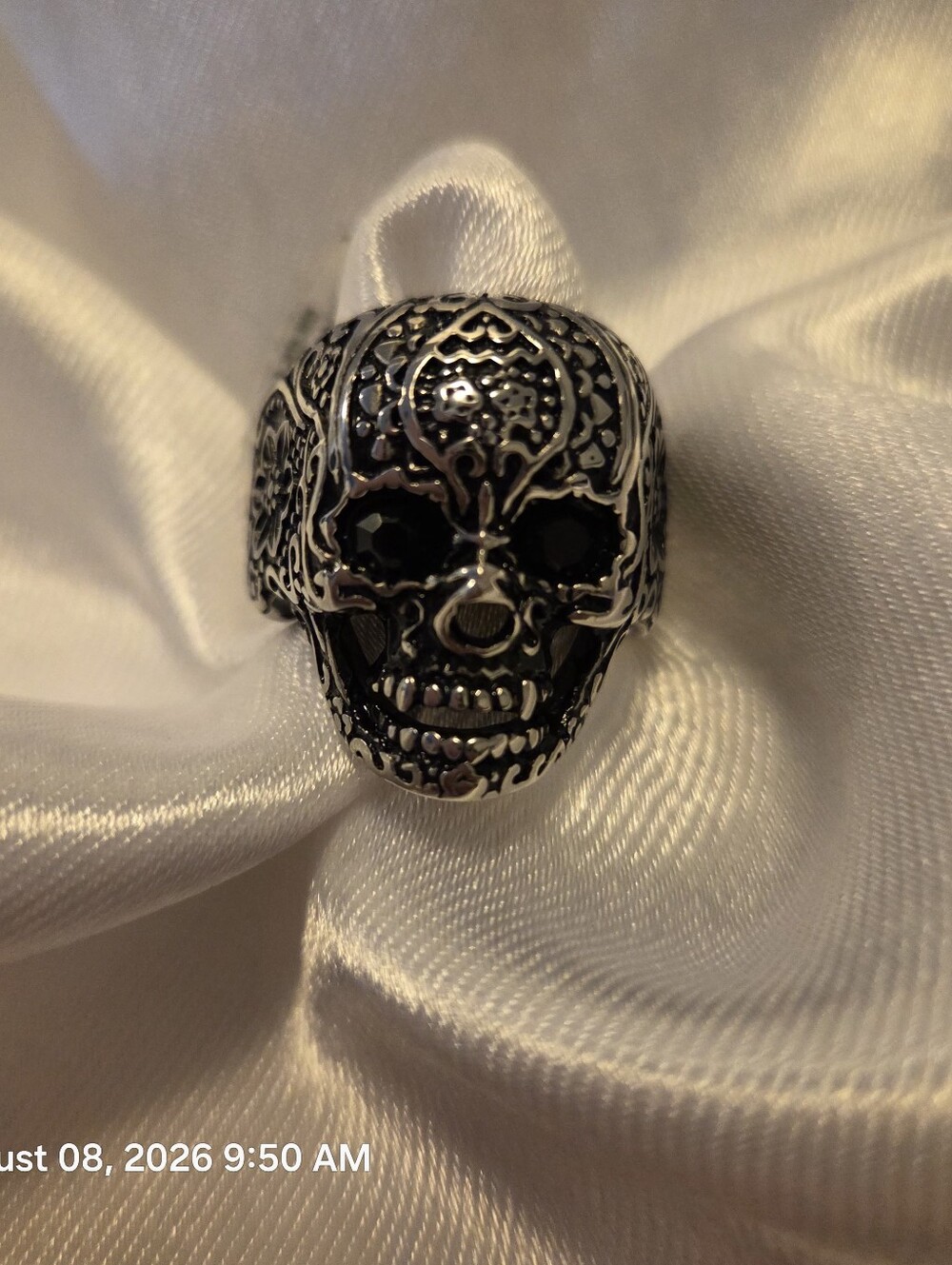 Silver Black Stone Skull Ring - Men's 10